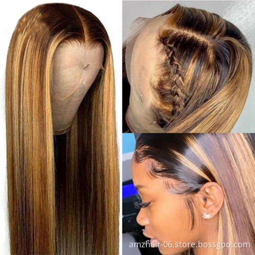 Cheap 100% Human Hair 30 Inch Straight Brown 13x4 Transparent HD Lace Front Highlight Human Hair Wigs Young Girl Virgin Hair Wig
